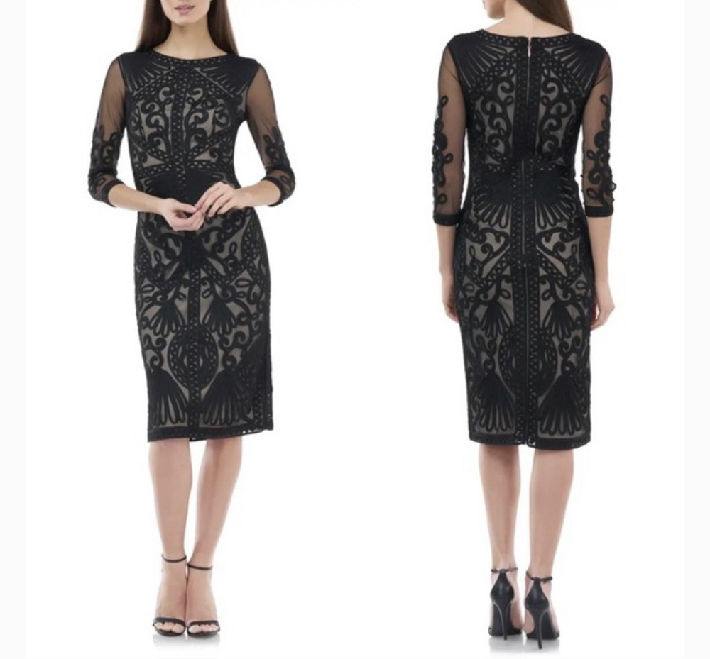 New JS Collections Sheer Sleeve Soutache Mesh Sheath Dress Navy/nude Size 8 NWT